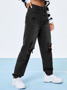 Jeans de pierna recta con lavado con diseño roto - Negro - Ver 5