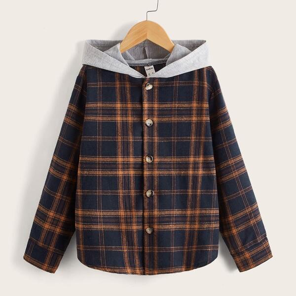 

Boys Tartan Print Contrast Hooded Coat, Multicolor