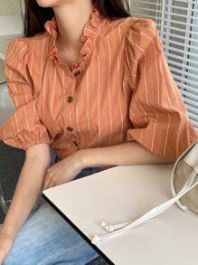 DAZY 條紋圖案荷葉邊領口燈籠袖襯衫 - 橘色 - 查看 1