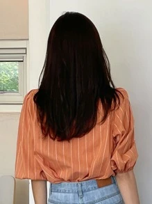 DAZY 條紋圖案荷葉邊領口燈籠袖襯衫 - 橘色 - 查看 2