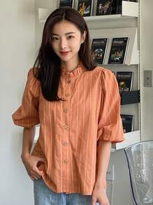 DAZY 條紋圖案荷葉邊領口燈籠袖襯衫 - 橘色 - 查看 3