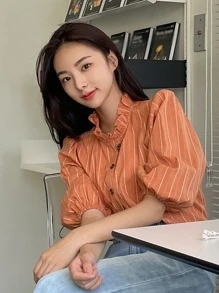 DAZY 條紋圖案荷葉邊領口燈籠袖襯衫 - 橘色 - 查看 4