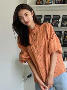 DAZY 條紋圖案荷葉邊領口燈籠袖襯衫 - 橘色 - 查看 5