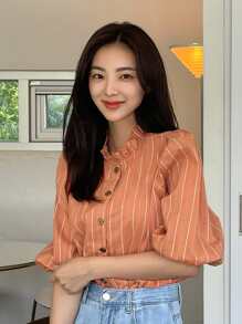 DAZY 條紋圖案荷葉邊領口燈籠袖襯衫 - 橘色 - 查看 6