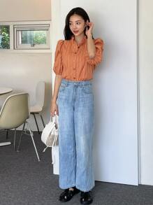 DAZY 條紋圖案荷葉邊領口燈籠袖襯衫 - 橘色 - 查看 8
