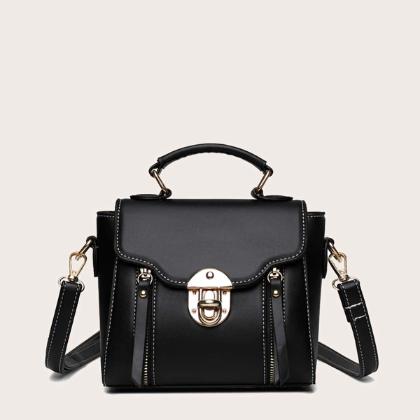 

Stitch Trim Push Lock Satchel Bag, Black