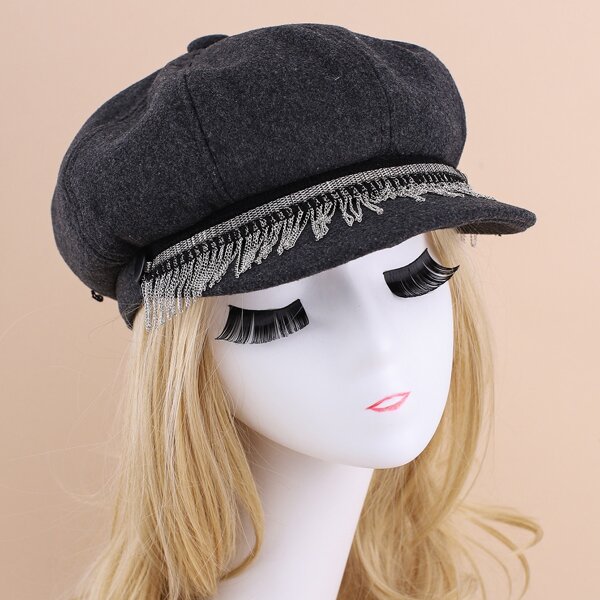 

Chain Tassel Decor Baker Boy Cap, Dark grey