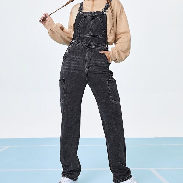 

Adjustable Strap Pocket Front Denim Jumpsuit, Black