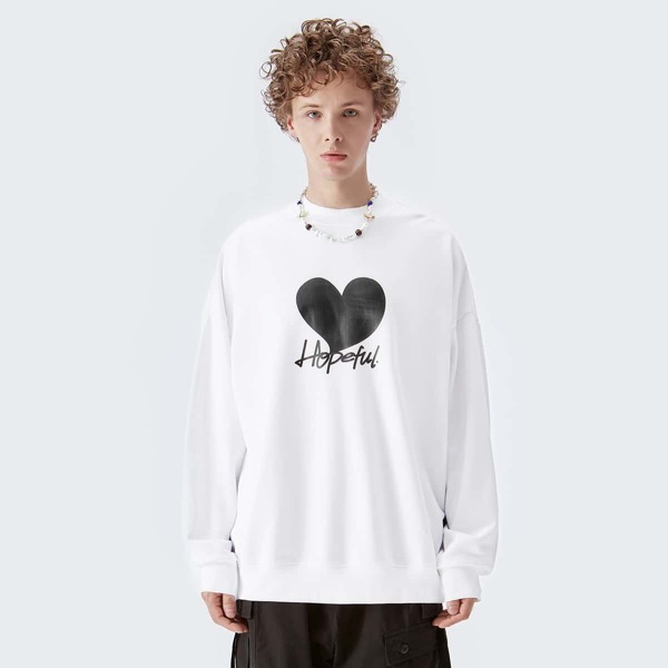 

Men Letter & Heart Graphic Drop Shoulder Pullover, White