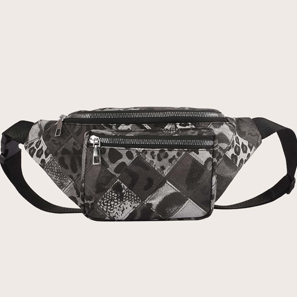 

Geometric Pattern Zip Front Fanny Pack, Black