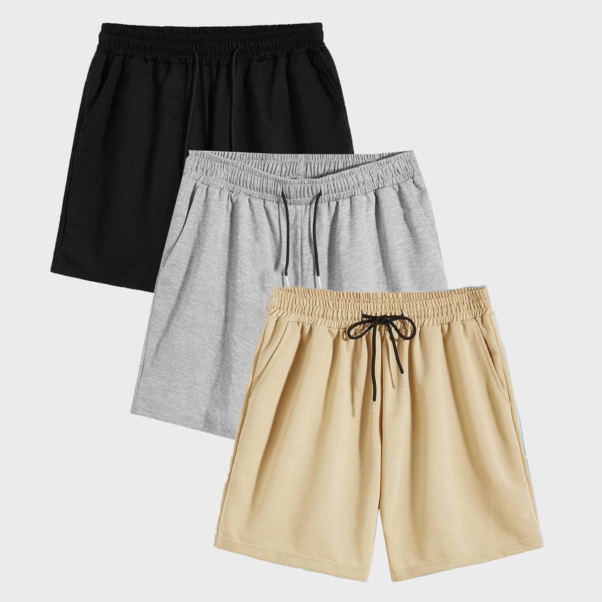 

Guys 3pcs Solid Hidden Pocket Drawstring Shorts, Multicolor