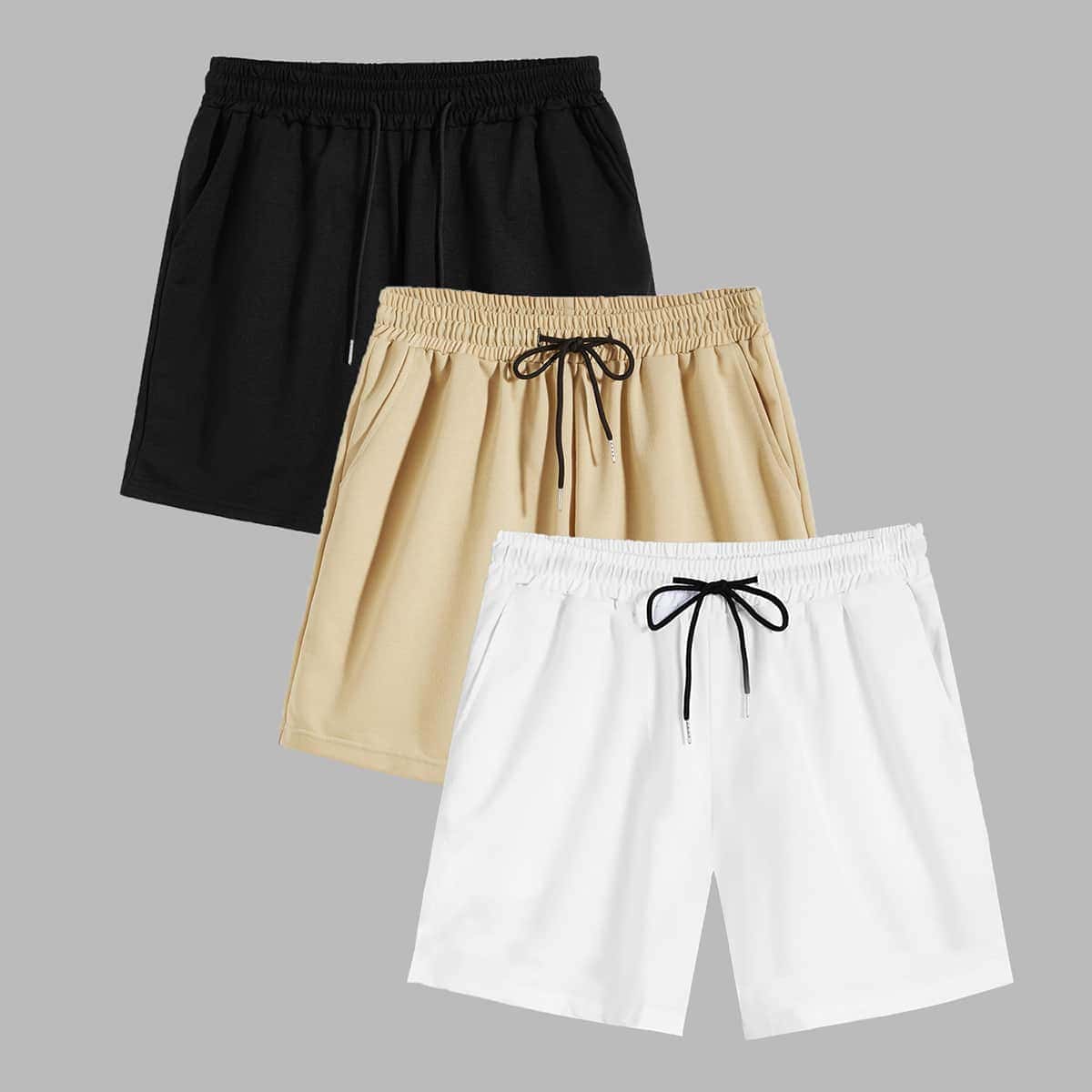 

Guys 3pcs Solid Hidden Pocket Drawstring Shorts, Multicolor