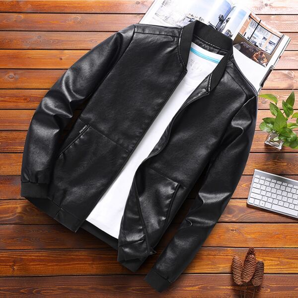 

Men Solid Zipper Up PU Leather Jacket, Black