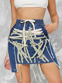 Váy denim nữ Bất đối xứng Dây kéo Ren lên Túi Thùa khuyết màu trơn - Rửa trung bình - Xem 1