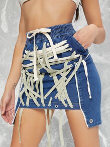 Váy denim nữ Bất đối xứng Dây kéo Ren lên Túi Thùa khuyết màu trơn - Rửa trung bình - Xem 4