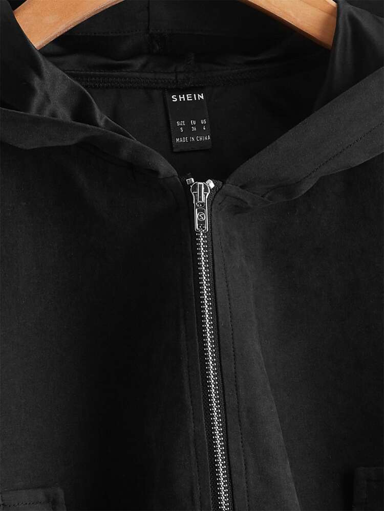 Plus Letter Patched Drawstring Waist Hooded Coat Winter Fall Autumn