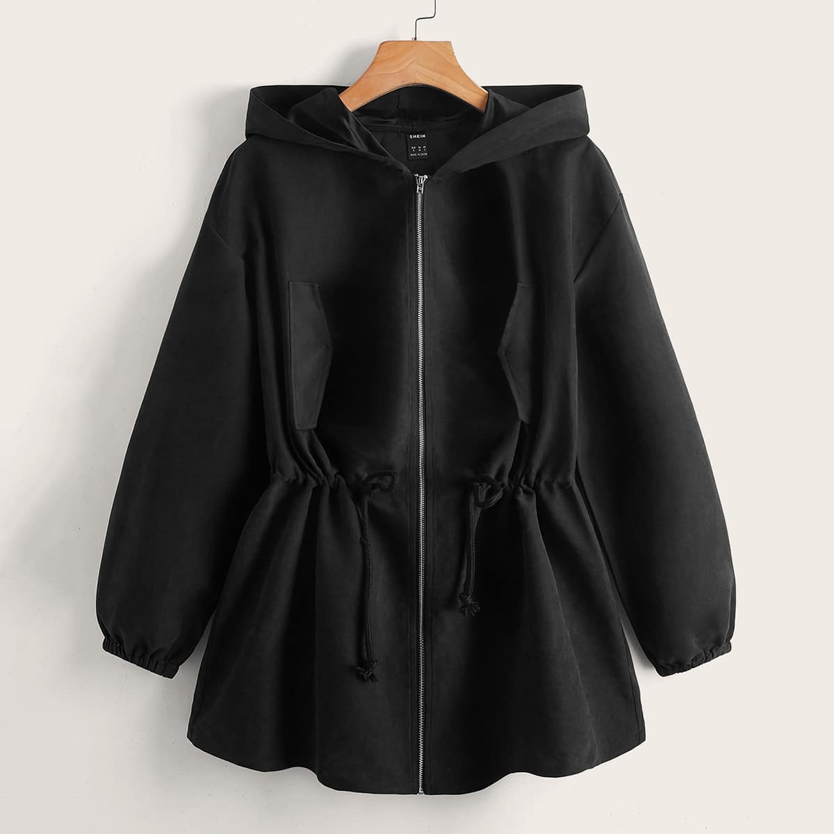 

Drawstring Waist Zip Up Hooded Coat, Black