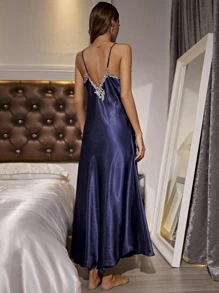 Embroidery Appliques Satin Cami Night Dress - Navy Blue - View 2