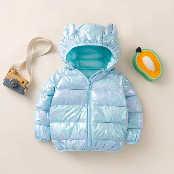 

Baby Holographic Plaid Raglan Sleeve 3D Patched Hooded Coat, Baby blue