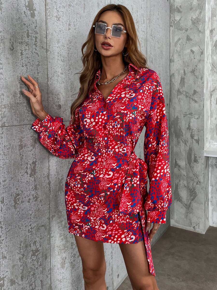 SHEIN Unity Đầm Thắt lưng Nút Tất cả trên in Giải trí - Nhiều màu - Xem 1