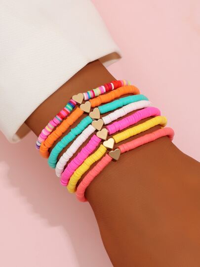 7pcs Bohemian Style Random Soft Clay Heart Beaded Bracelet Set Valentines,Mom,Mother,Mother's Day,Gift