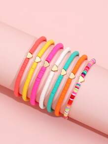7pcs Bohemian Style Random Soft Clay Heart Beaded Bracelet Set Valentines,Mom,Mother,Mother's Day,Gift - Multicolor - View 4