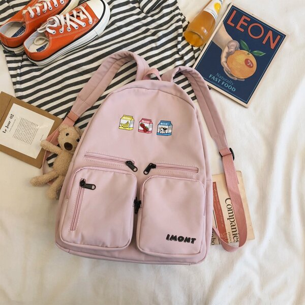 

Cartoon Graphic Pocket Front Backpack, Pink