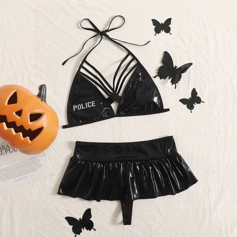 

Crisscross Front PU Cop Costume Set, Black