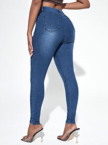 SHEIN SXY Jeans ajustados con lavado con botón delantero - Azul lavado medio - Ver 2