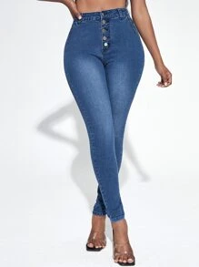 SHEIN SXY Jeans ajustados con lavado con botón delantero - Azul lavado medio - Ver 3