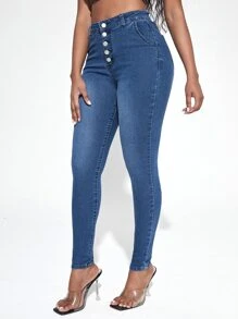 SHEIN SXY Jeans ajustados con lavado con botón delantero - Azul lavado medio - Ver 4