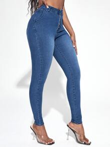 SHEIN SXY Jeans ajustados con lavado con botón delantero - Azul lavado medio - Ver 5