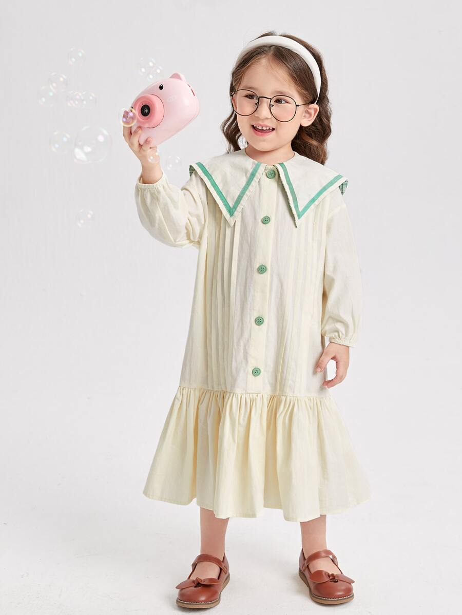 SHEIN Toddler Girls Contrast Tape Statement Collar Fold Pleated Ruffle Hem Dress - Beige - View 1