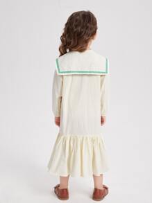 SHEIN Toddler Girls Contrast Tape Statement Collar Fold Pleated Ruffle Hem Dress - Beige - View 2