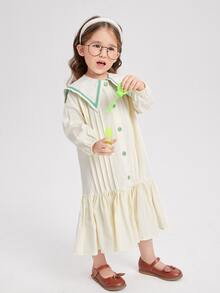 SHEIN Toddler Girls Contrast Tape Statement Collar Fold Pleated Ruffle Hem Dress - Beige - View 3