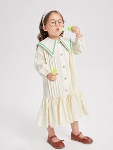 SHEIN Toddler Girls Contrast Tape Statement Collar Fold Pleated Ruffle Hem Dress - Beige - View 4