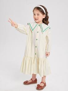 SHEIN Toddler Girls Contrast Tape Statement Collar Fold Pleated Ruffle Hem Dress - Beige - View 5