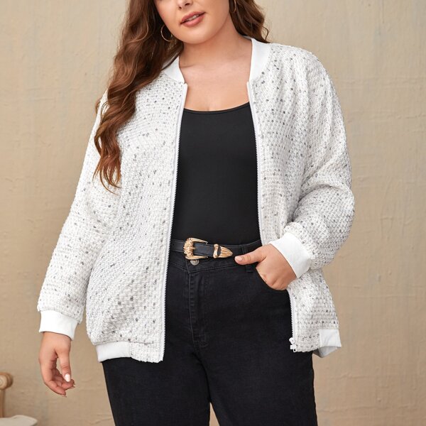 

Plus Zip Front Stand Collar Jacket, White