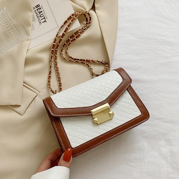 

Contrast Binding Textured Flap Square Bag, White