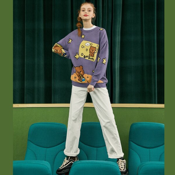 

Bear & Star Pattern Drop Shoulder Sweater, Violet purple