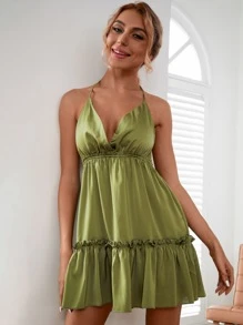 Tied Open Back Ruffle Hem Dress - Olive Green - View 3
