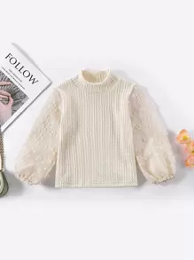 SHEIN 小女童貼花燈籠袖T恤 - 米色 - 查看 1