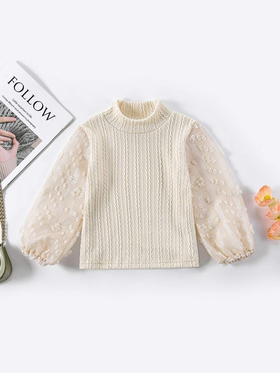 SHEIN 小女童貼花燈籠袖T恤 - 米色 - 查看 1