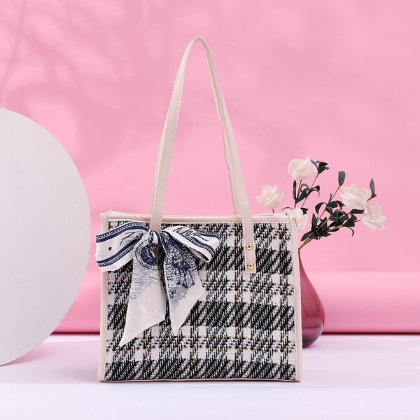 

Scarf Decor Plaid Shoulder Tote Bag, Multicolor
