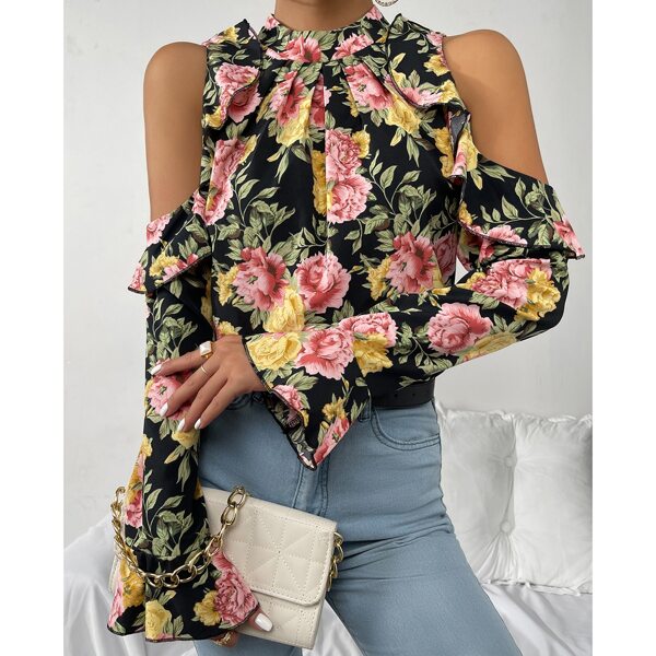 

Floral Print Cold Shoulder Top, Multicolor