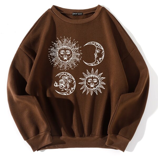 

Sun & Moon Print Drop Shoulder Sweatshirt, Coffee brown