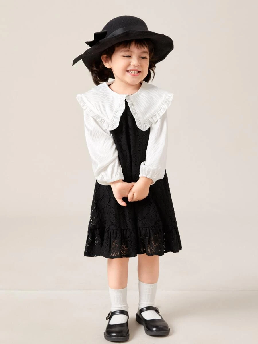SHEIN Niñas Vestido de color combinado de cuello exagerado bajo con fruncido con encaje - Negro - Ver 1