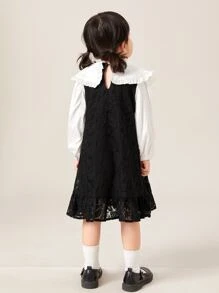 SHEIN Niñas Vestido de color combinado de cuello exagerado bajo con fruncido con encaje - Negro - Ver 2