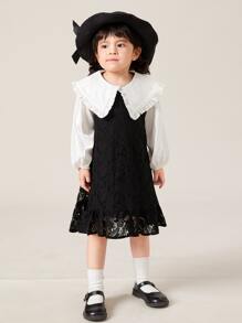 SHEIN Niñas Vestido de color combinado de cuello exagerado bajo con fruncido con encaje - Negro - Ver 3