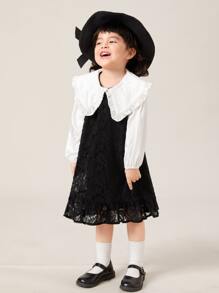 SHEIN Niñas Vestido de color combinado de cuello exagerado bajo con fruncido con encaje - Negro - Ver 4